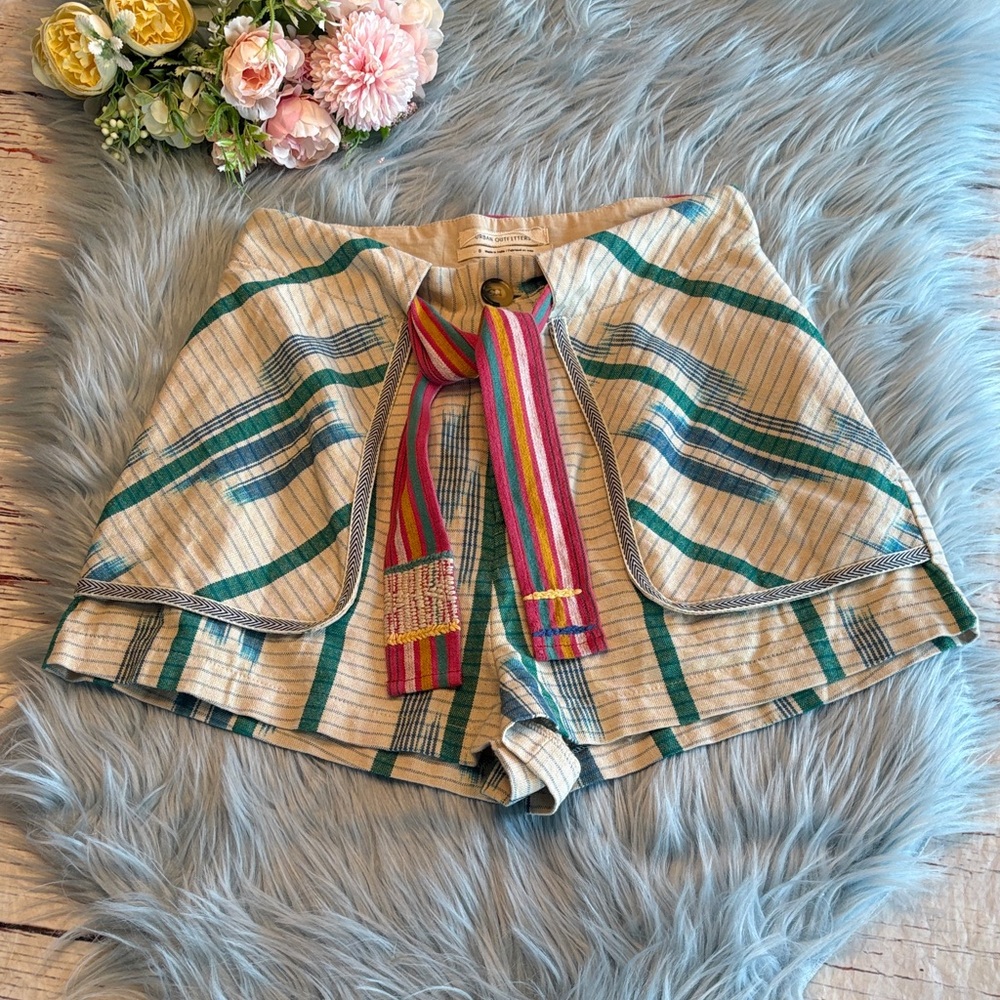 Urban Outfitters Beige and Teal Striped High Waist Shorts with Multicolor Tie